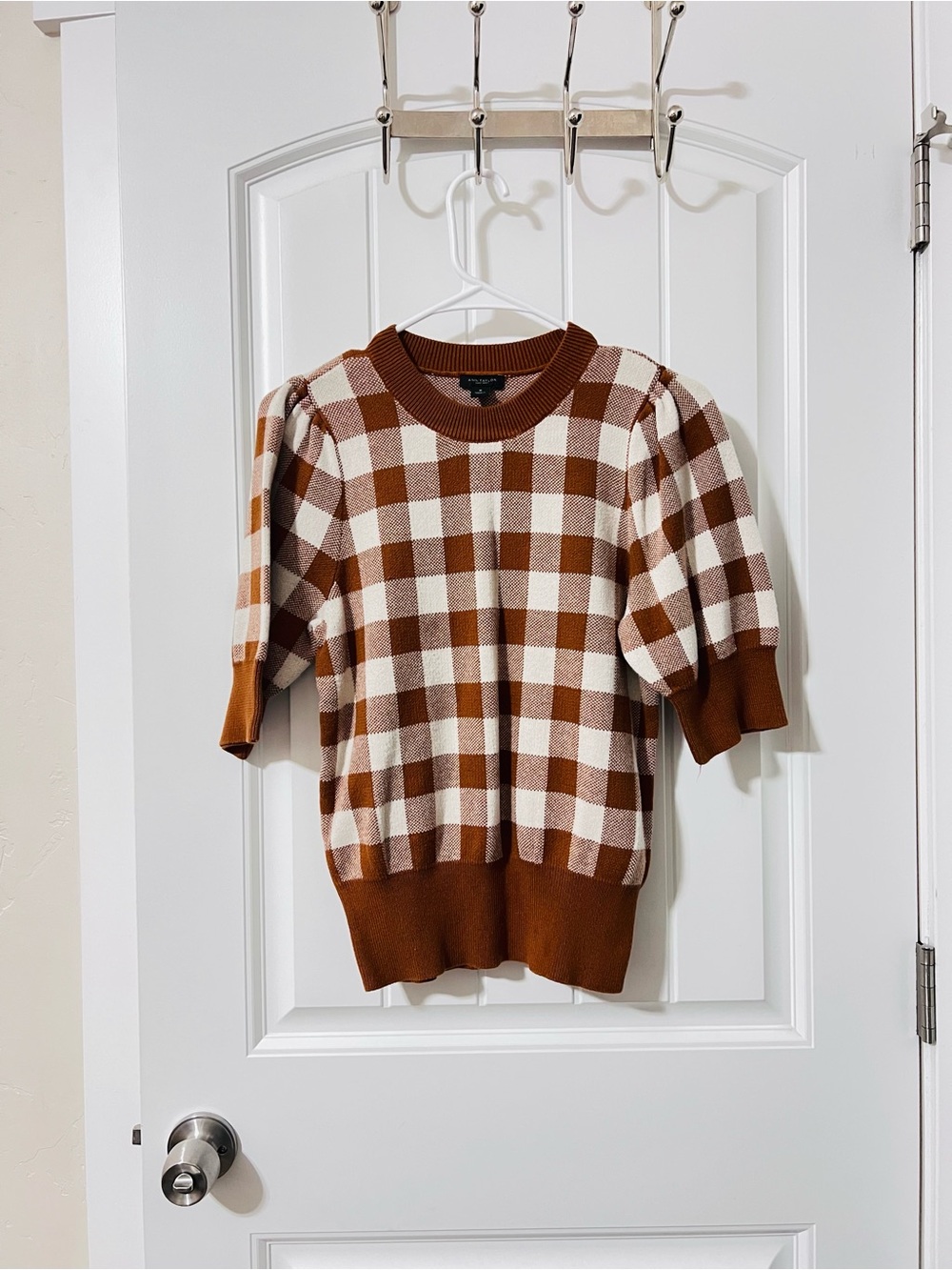 Ann Taylor Rust and Cream Checked Knit top